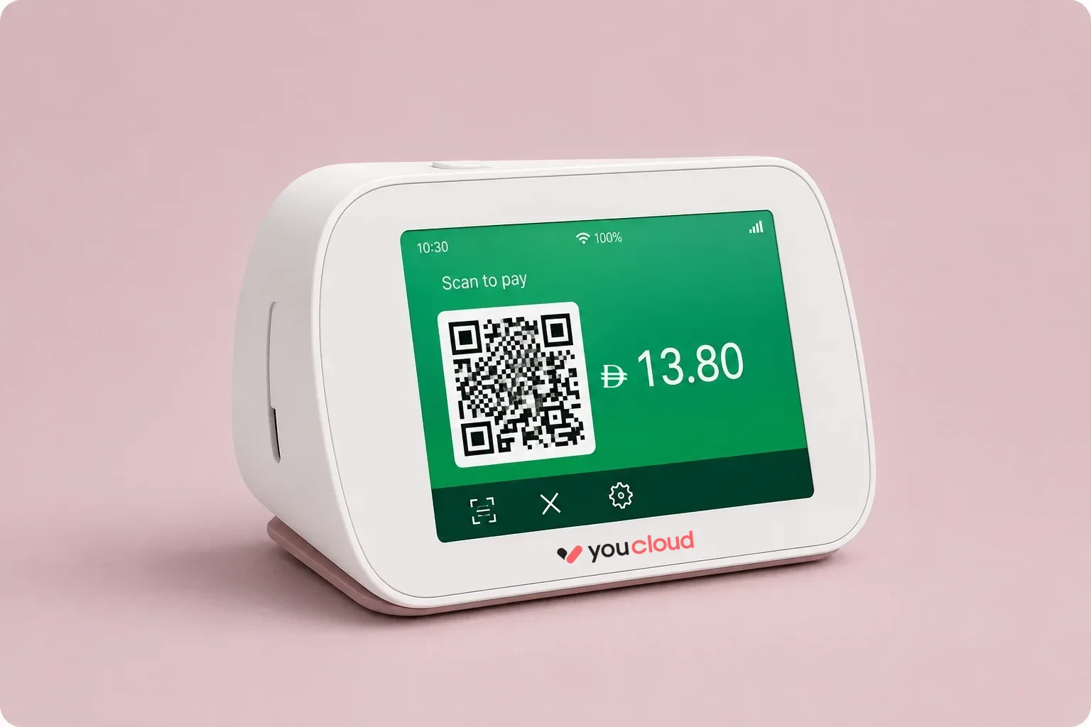 The youcloud y10 SoundBox showing a QR code for payment