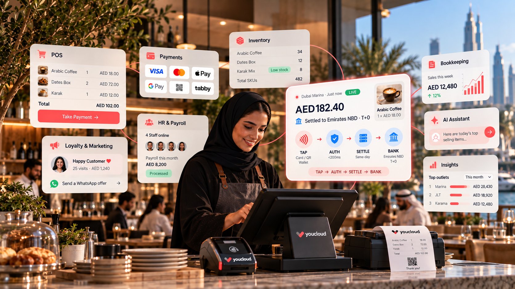 A cashier in Dubai taking payment on a youcloud POS, with live POS, payments, inventory, HR and insights panels around her