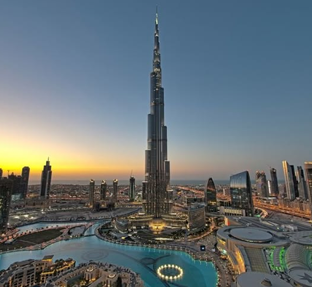 Burj Khalifa and Downtown Dubai at sunset
